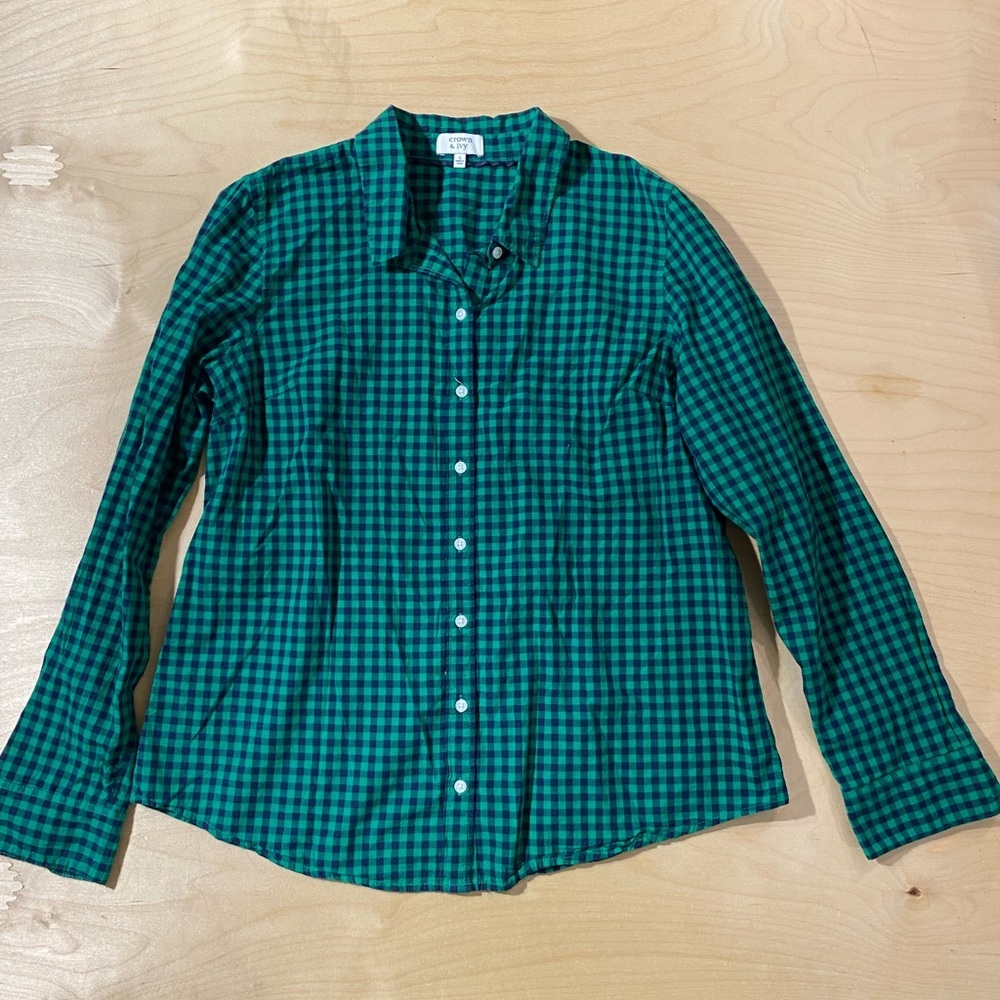 crown & ivy Green and Navy Gingham Button-Down Shirt Large (QT) - Picture 3 of 7